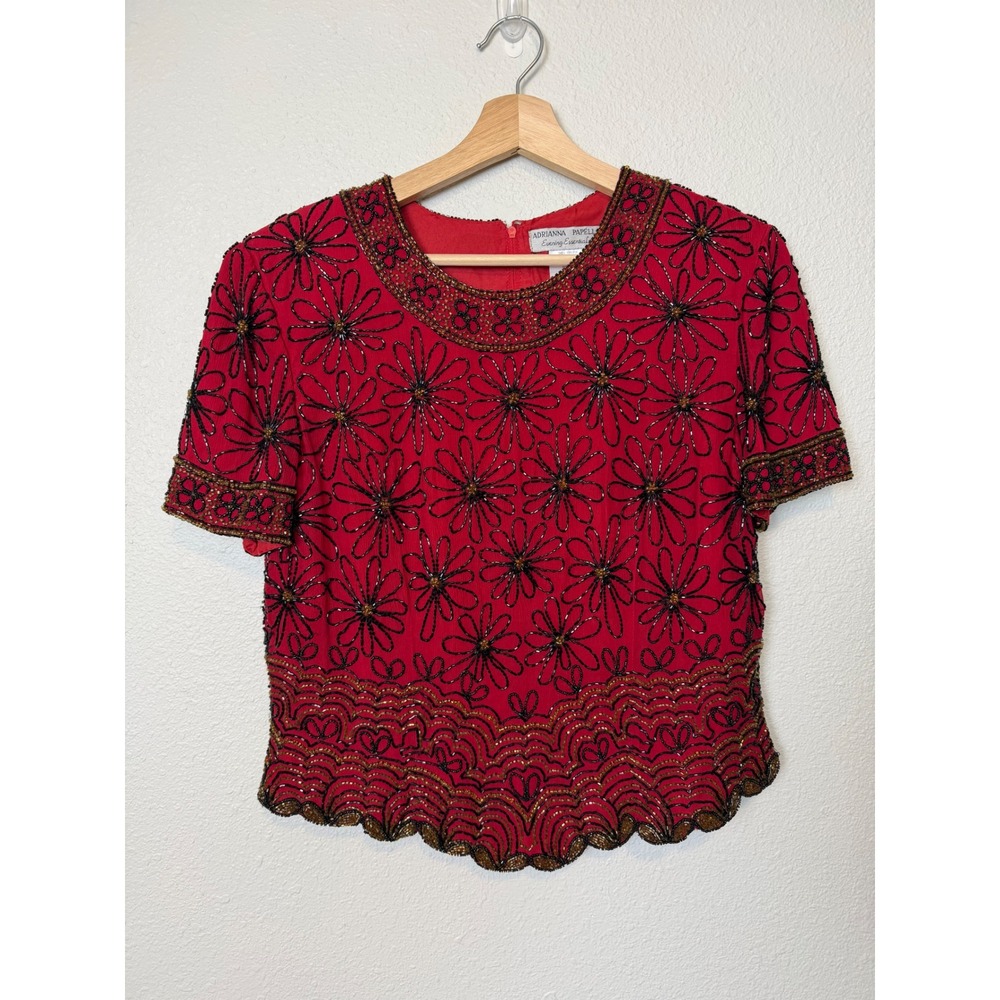 Adrianna Papell Evening Essentials Red Beaded Silk Floral Blouse Top Size‎ L